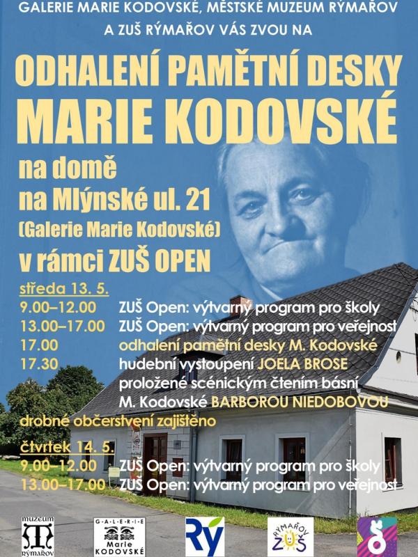 ODHALENÍ PAMĚTNÍ DESKY MARIE KODOVSKÁ A ZUŠ OPEN, 13.5.2026