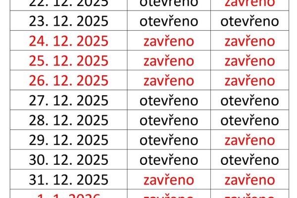 VÁNOČNÍ OTEVÍRACÍ DOBA 2025